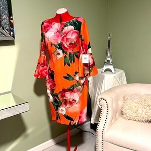 Calvin Klein Bell-Sleeve Sheath Dress - floral-Orange size 10